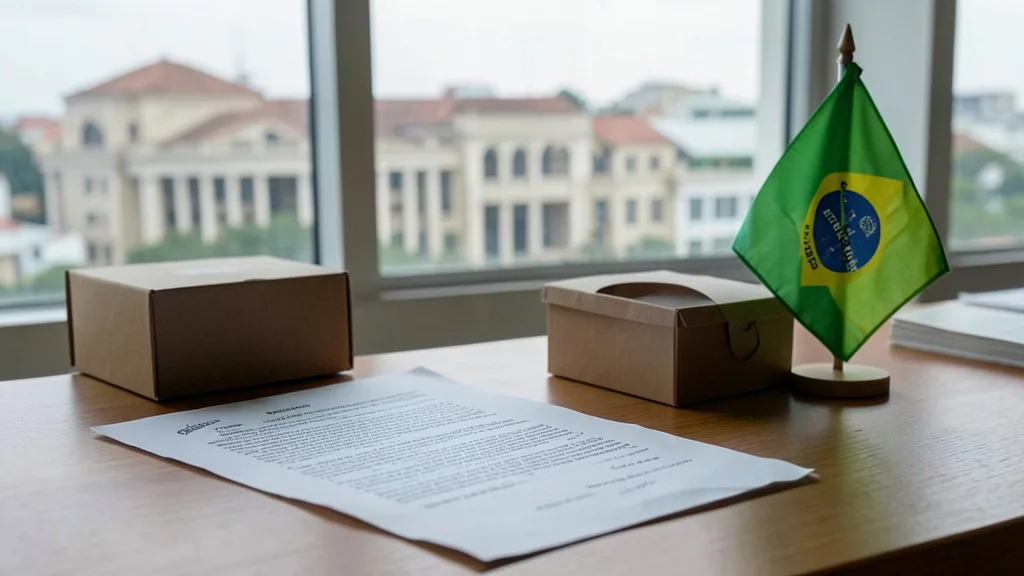 Imagem gerada por IA: Carta política sobre uma mesa ao lado de uma urna, com um prédio de Justiça ao fundo.