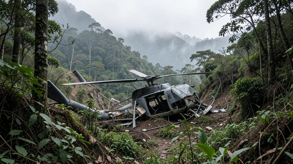 Imagem gerada por IA: Destroços de um helicóptero em área de mata montanhosa e com neblina.