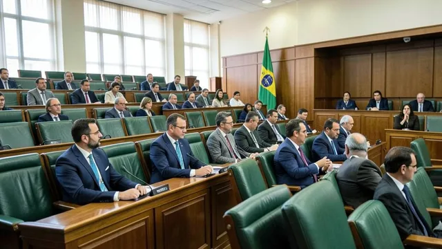Imagem gerada por IA: Plenário da Câmara dos Deputados com parlamentares conversando antes de uma votação.