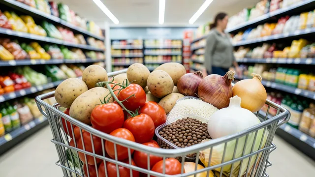 Imagem gerada por IA: Cesta de supermercado com tomates, batatas, cebolas, arroz, feijão e café.