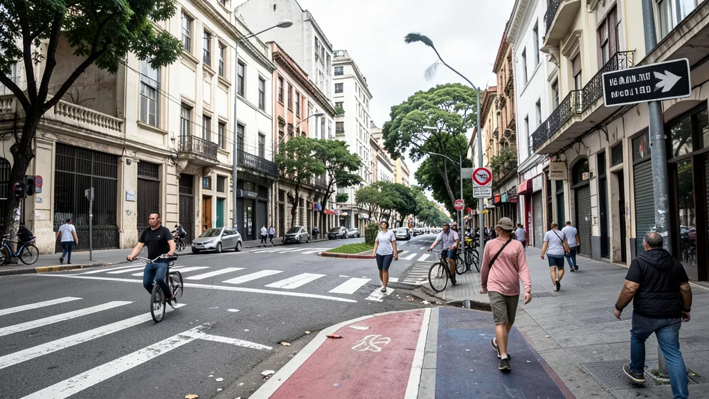 Cruzamento urbano com faixa de pedestres e ciclofaixa na Vila Mariana, em São Paulo.