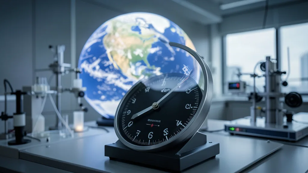 Imagem gerada por IA: Relógio atômico em laboratório, com um globo ao fundo representando a rotação da Terra.