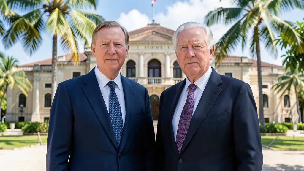 Imagem gerada por IA: Charles III durante uma visita oficial em um cenário tropical do Caribe.