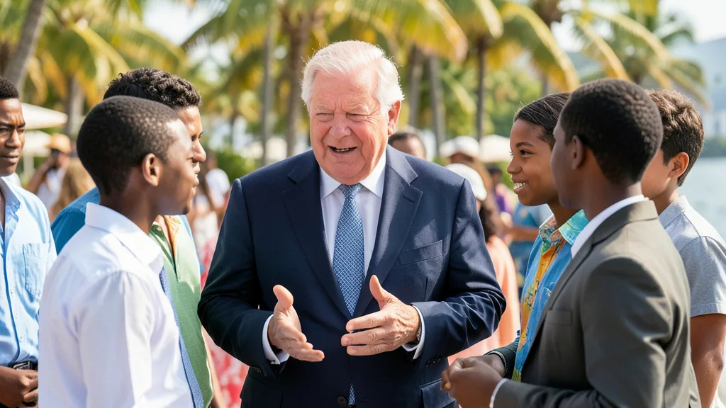 Imagem gerada por IA: Charles III conversa com jovens em um evento público nas Bahamas.