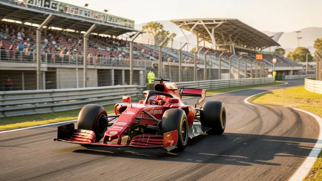 Imagem gerada por IA: Carro de Fórmula 1 vermelho contorna uma curva no circuito de Austin durante os treinos.
