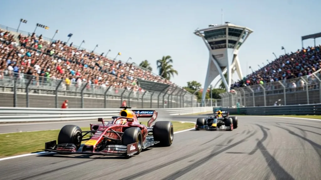 Imagem gerada por IA: Carros de Fórmula 1 fazem uma curva no Circuito das Américas, em Austin.