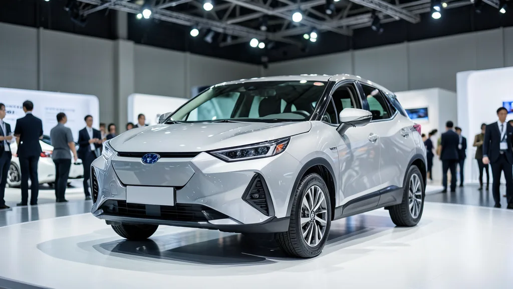 Imagem gerada por IA: SUV compacto de linhas angulares em um salão de automóveis no Japão.