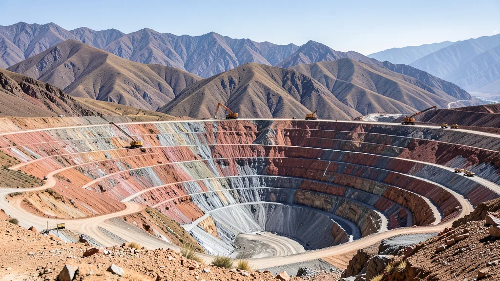Imagem gerada por IA: Mina de cobre a céu aberto nas montanhas áridas do Chile, com equipamentos de mineração ao longe.