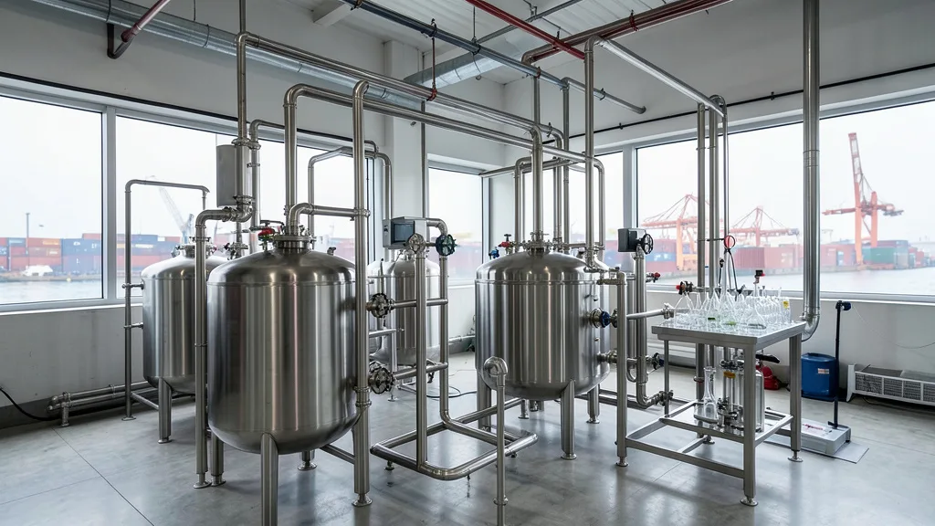 Equipamentos e tanques de uma fábrica química, com um porto de carga ao fundo.