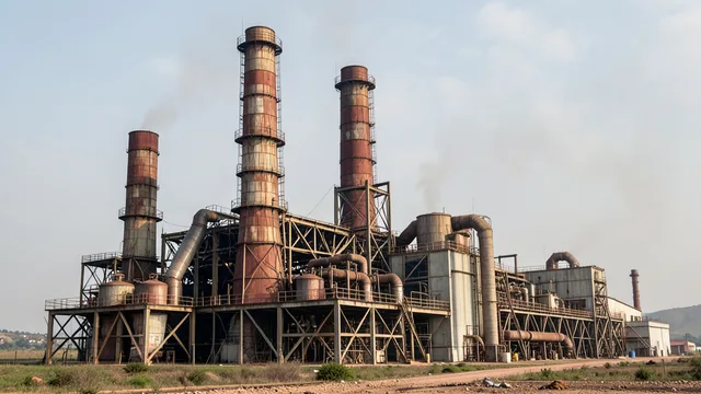 Imagem gerada por IA: Estruturas industriais de uma antiga usina termelétrica venezuelana sob um céu nublado.