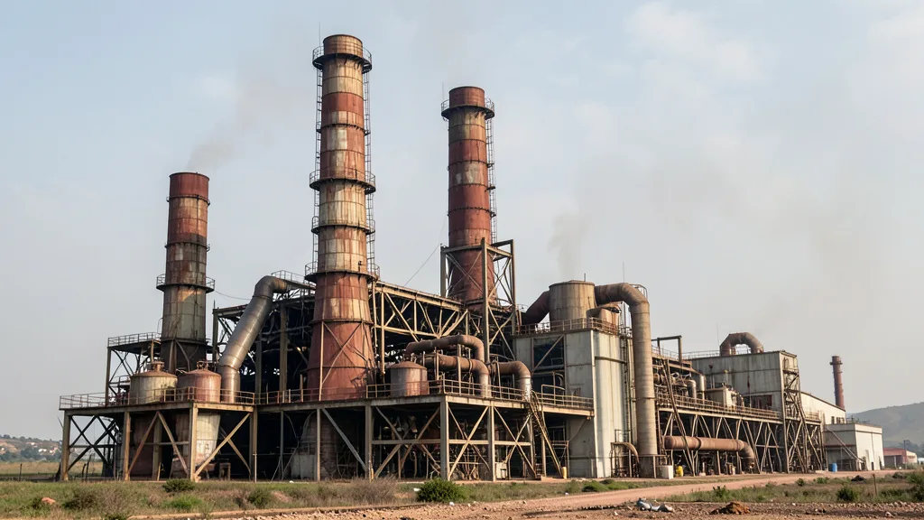 Imagem gerada por IA: Estruturas industriais de uma antiga usina termelétrica venezuelana sob um céu nublado.