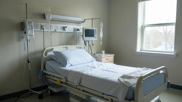Quarto hospitalar vazio com aparelho respiratório ao lado de uma cama, em ambiente clínico silencioso.