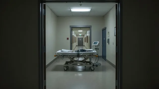 Sala de execução vazia com maca e equipamentos médicos sob iluminação fria.