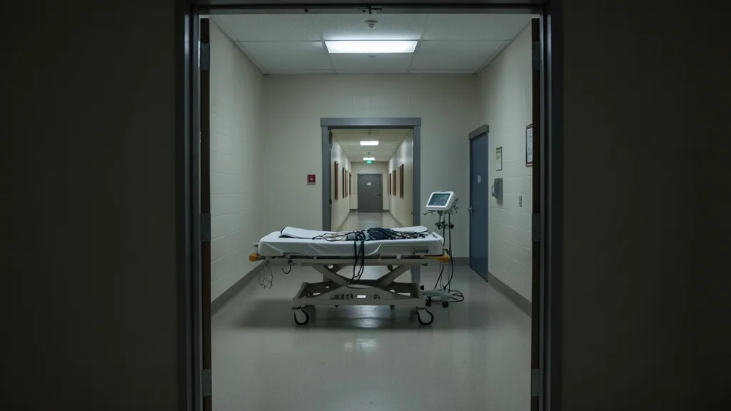 Sala de execução vazia com maca e equipamentos médicos sob iluminação fria.