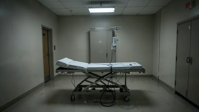 Câmara de execução vazia, com maca e equipamentos médicos sob iluminação fria.