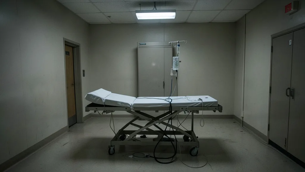 Câmara de execução vazia, com maca e equipamentos médicos sob iluminação fria.