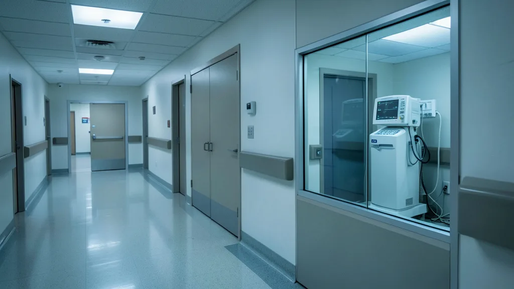 Corredor de hospital com ventilador mecânico visível na entrada de uma unidade de terapia intensiva.