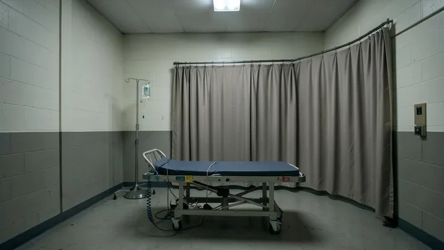 Câmara de execução vazia, com maca de contenção e cortina fechada, em uma prisão do Tennessee.