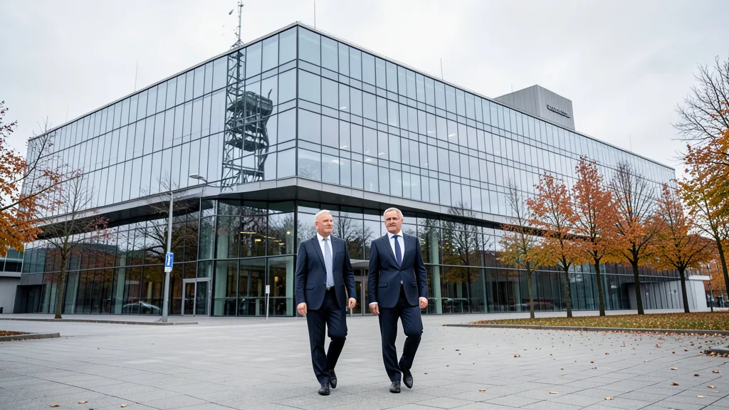 Imagem gerada por IA: Dois economistas caminham em direção à sede do Banco Central Europeu, em Frankfurt.