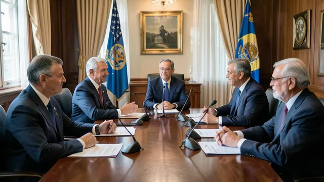 Imagem gerada por IA: Diplomatas dos Estados Unidos e da Argentina participam de uma reunião em um escritório governamental.