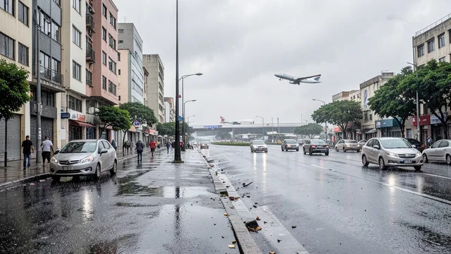 Imagem gerada por IA: Rua alagada em São Paulo sob chuva, com avião ao fundo.