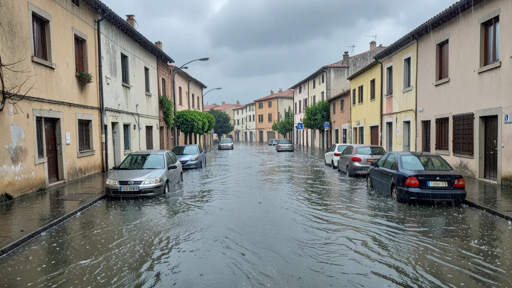 Imagem gerada por IA: Rua alagada em Lunel, com carros parcialmente submersos após chuva intensa.