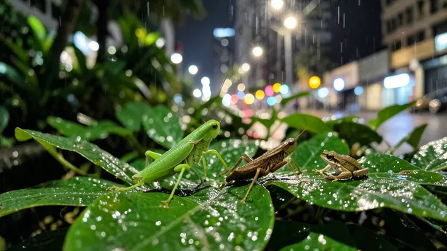 Imagem gerada por IA: Grilo, esperança e pequena rã entre folhas molhadas em um jardim urbano à noite.
