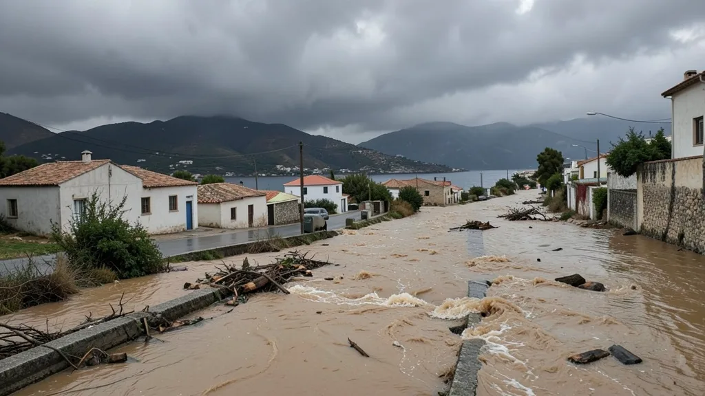 Estrada inundada e coberta de destroços durante as fortes chuvas em Creta.