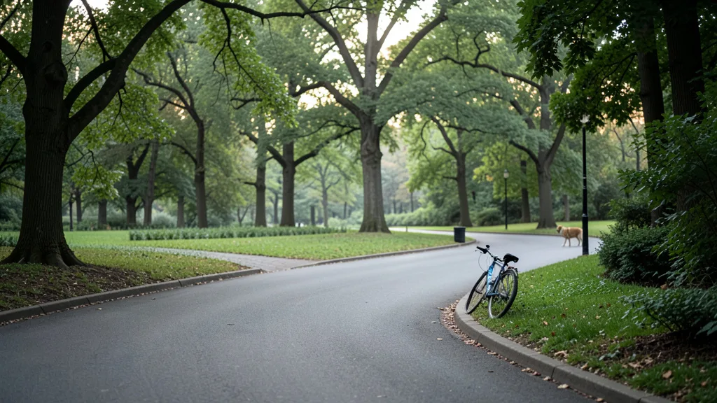 Imagem gerada por IA: Bicicleta junto a uma via curva e arborizada do Central Park, com um cachorro ao fundo.