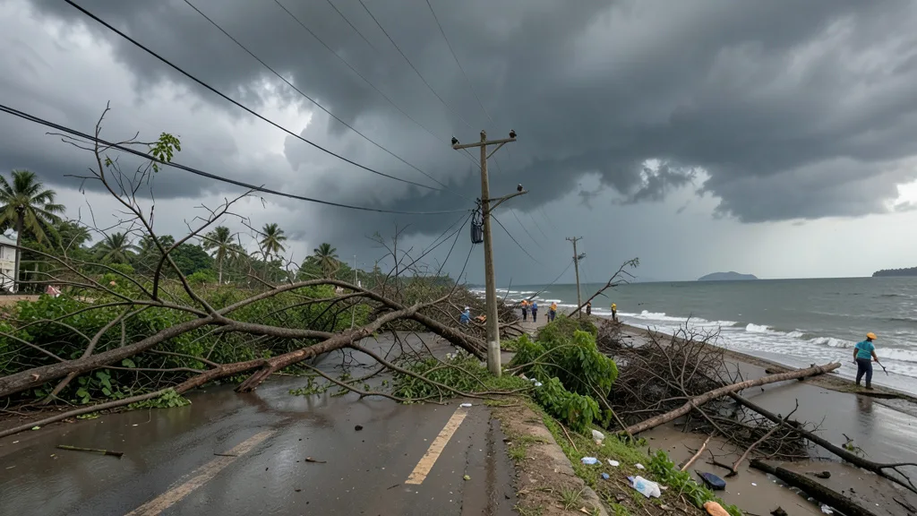 Imagem gerada por IA: Rua alagada e galhos caídos após a passagem do ciclone na costa indiana.