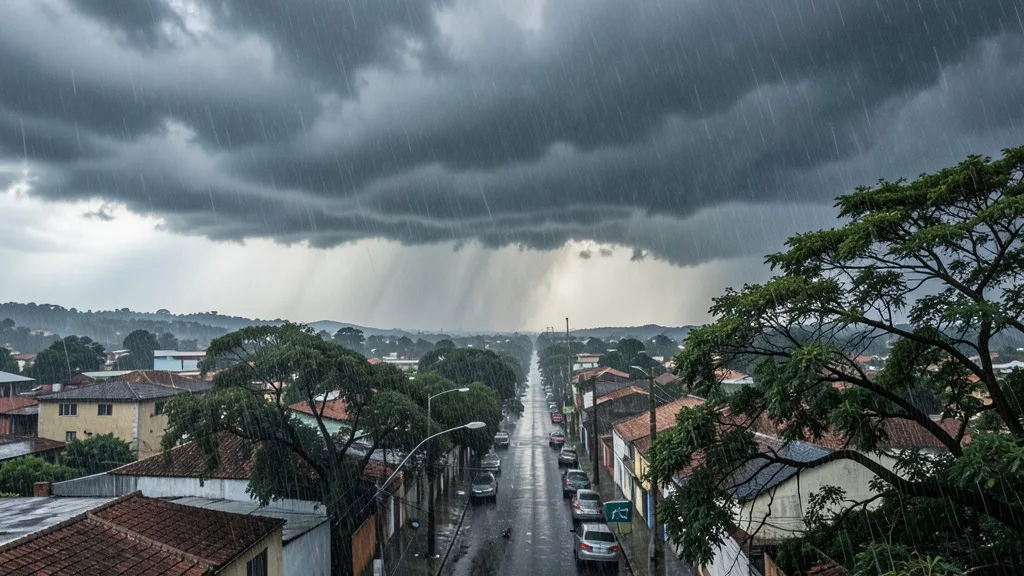 Imagem gerada por IA: Nuvens escuras e chuva forte se aproximam de uma cidade brasileira.