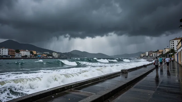 Imagem gerada por IA: Ondas fortes atingem a costa mexicana sob nuvens escuras após a passagem do ciclone Simón.