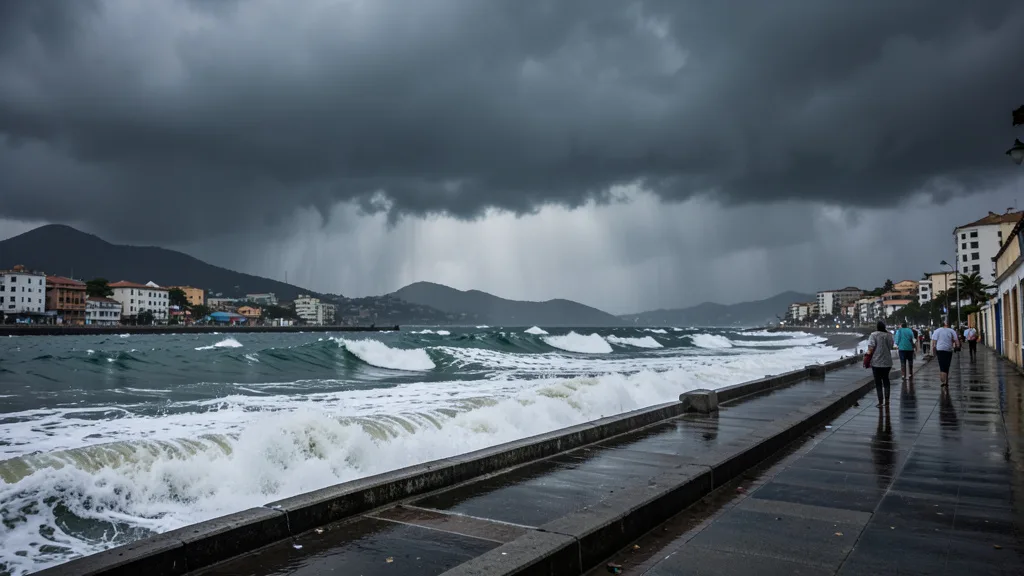 Imagem gerada por IA: Ondas fortes atingem a costa mexicana sob nuvens escuras após a passagem do ciclone Simón.