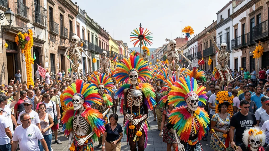Imagem gerada por IA: Desfile do Dia dos Mortos com esqueletos gigantes e artistas fantasiados nas ruas da Cidade do México.