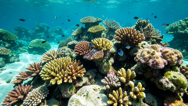Imagem gerada por IA: Recife de coral brasileiro em águas rasas, com peixes e uma área de coral esbranquiçado.