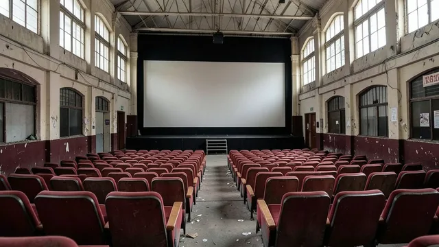 Imagem gerada por IA: Interior de um antigo cinema de rua, com poltronas vermelhas e sinais de desgaste.