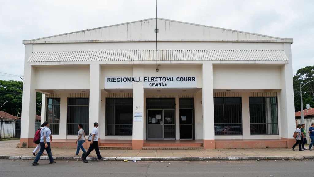 Imagem gerada por IA: Fachada de um tribunal eleitoral em Fortaleza, com pessoas caminhando diante do prédio.