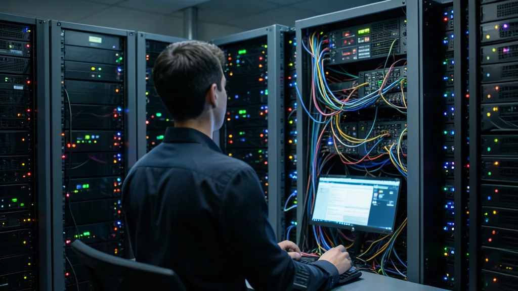Imagem gerada por IA: Administrador monitora servidores em uma sala de operações de cibersegurança.