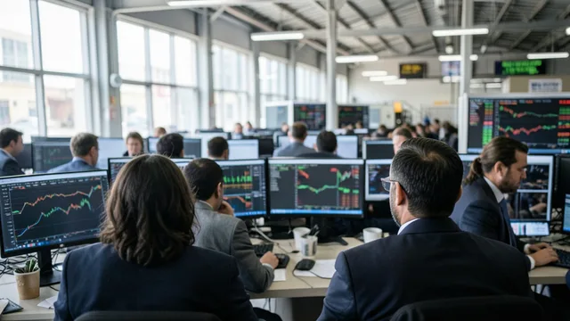 Imagem gerada por IA: Operadores acompanham o mercado financeiro em uma sessão de instabilidade na Bolsa.