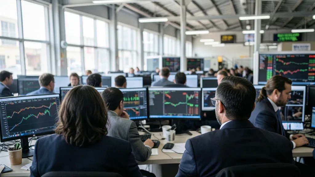 Imagem gerada por IA: Operadores acompanham o mercado financeiro em uma sessão de instabilidade na Bolsa.