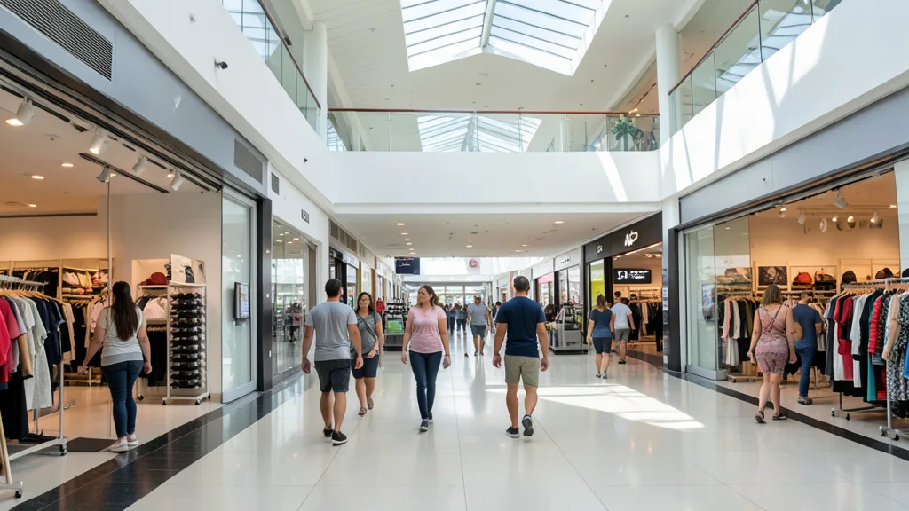 Imagem gerada por IA: Pessoas circulam por um shopping com lojas e uma academia ao fundo.
