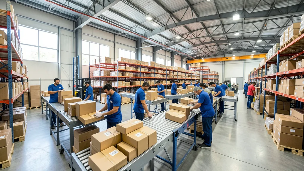 Imagem gerada por IA: Funcionários organizam pacotes em um centro de distribuição de comércio eletrônico.
