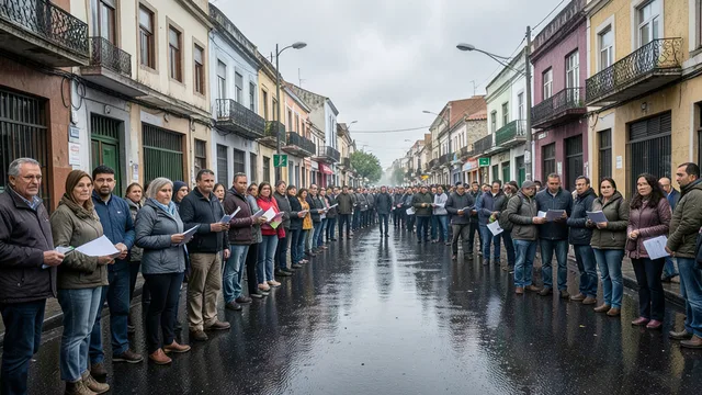 Imagem gerada por IA: Candidatos aguardam em uma longa fila sob chuva em uma rua de Moreno, na Argentina.
