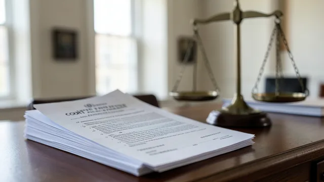 Imagem gerada por IA: Documentos judiciais sobre uma mesa, com uma balança da Justiça ao fundo.