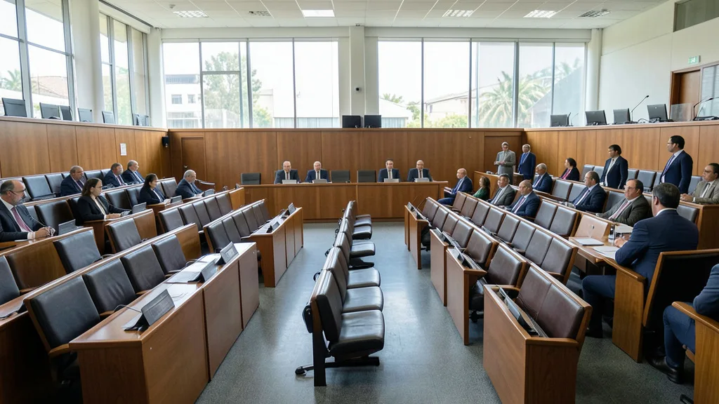 Imagem gerada por IA: Plenário legislativo com cadeiras e políticos ao fundo.