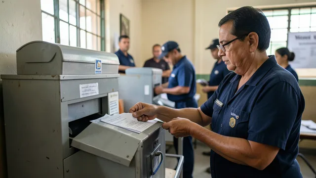 Eleitor deposita cédula em urna dentro de uma seção eleitoral em Minas Gerais.