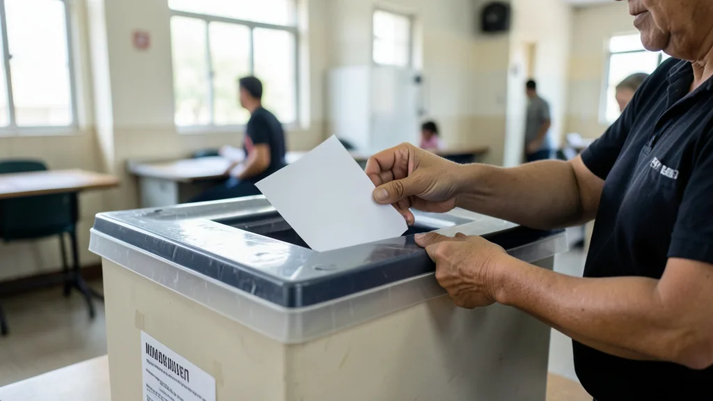 Imagem gerada por IA: Eleitor deposita uma cédula sem marcas em uma urna durante uma votação.