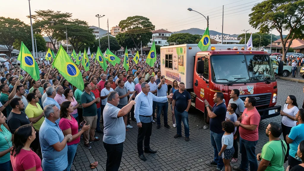 Imagem gerada por IA: Político cumprimenta apoiadores durante ato de campanha em uma praça de Minas Gerais.