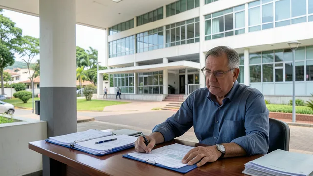 Imagem gerada por IA: Prédio público em Belo Horizonte e documentos sobre uma mesa de trabalho.