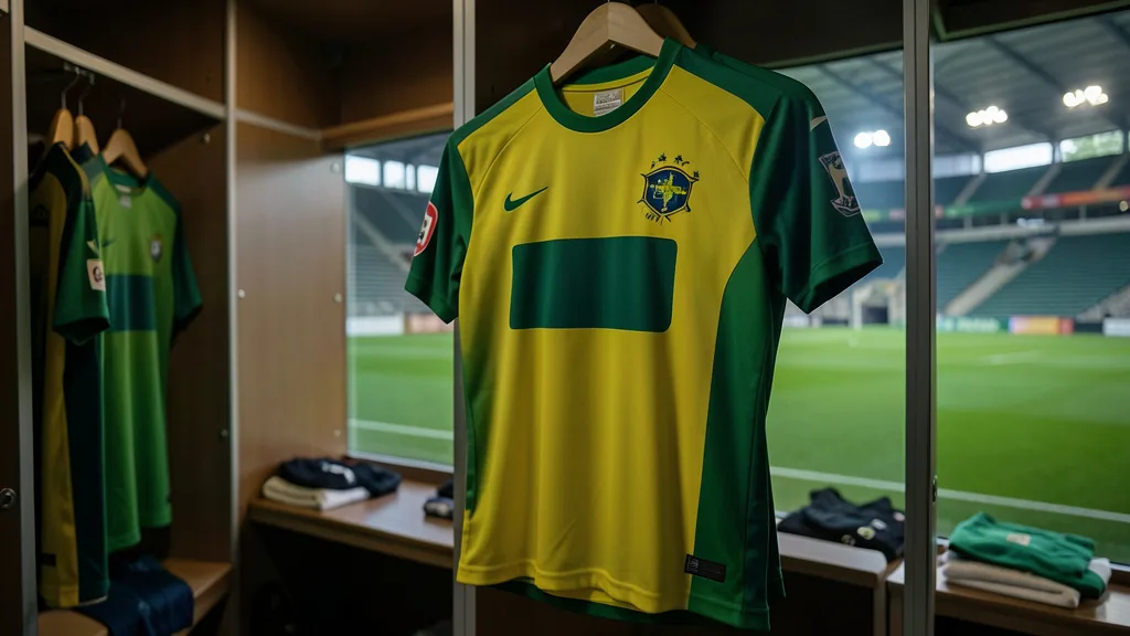 Imagem gerada por IA: Camisa de futebol sem marca de patrocinador no espaço principal, diante de um estádio.